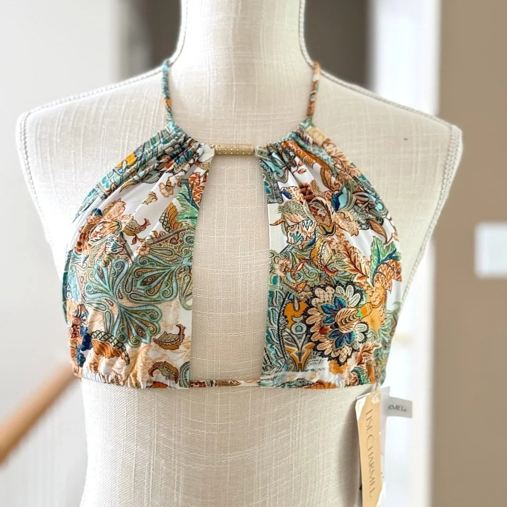 Lise Charmel Cashemere Evasion Paisley Halter Bikini Top Gold Hardware Small NEW
